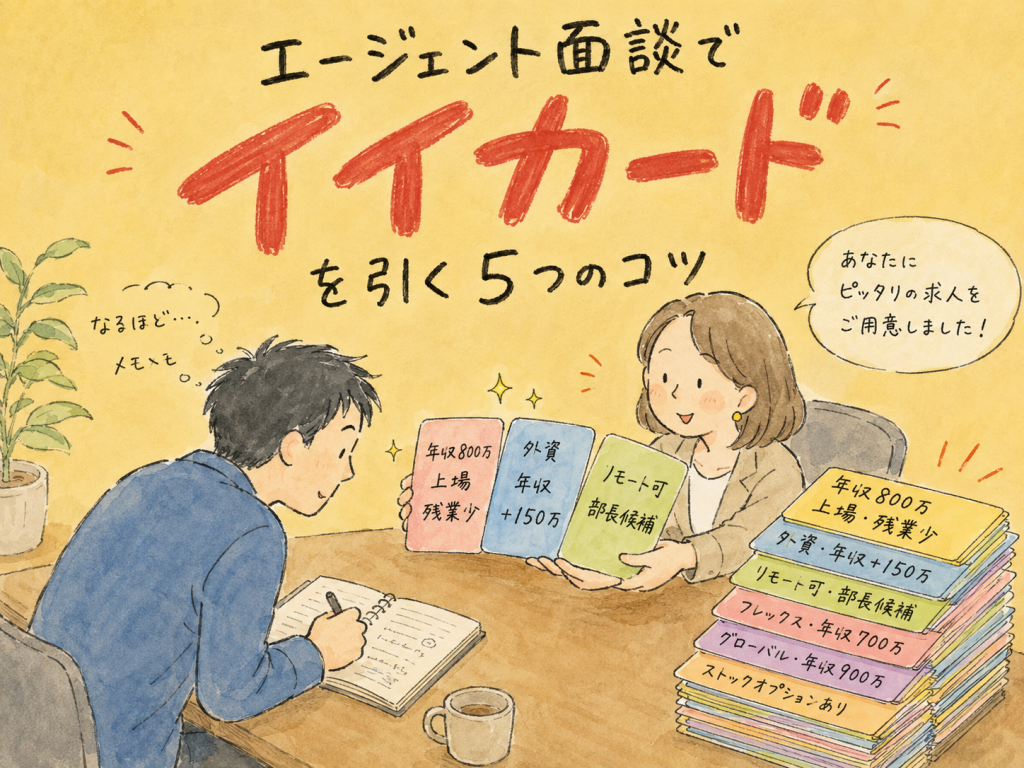 エージェント面談でいいカードを引き出す構図のイラスト