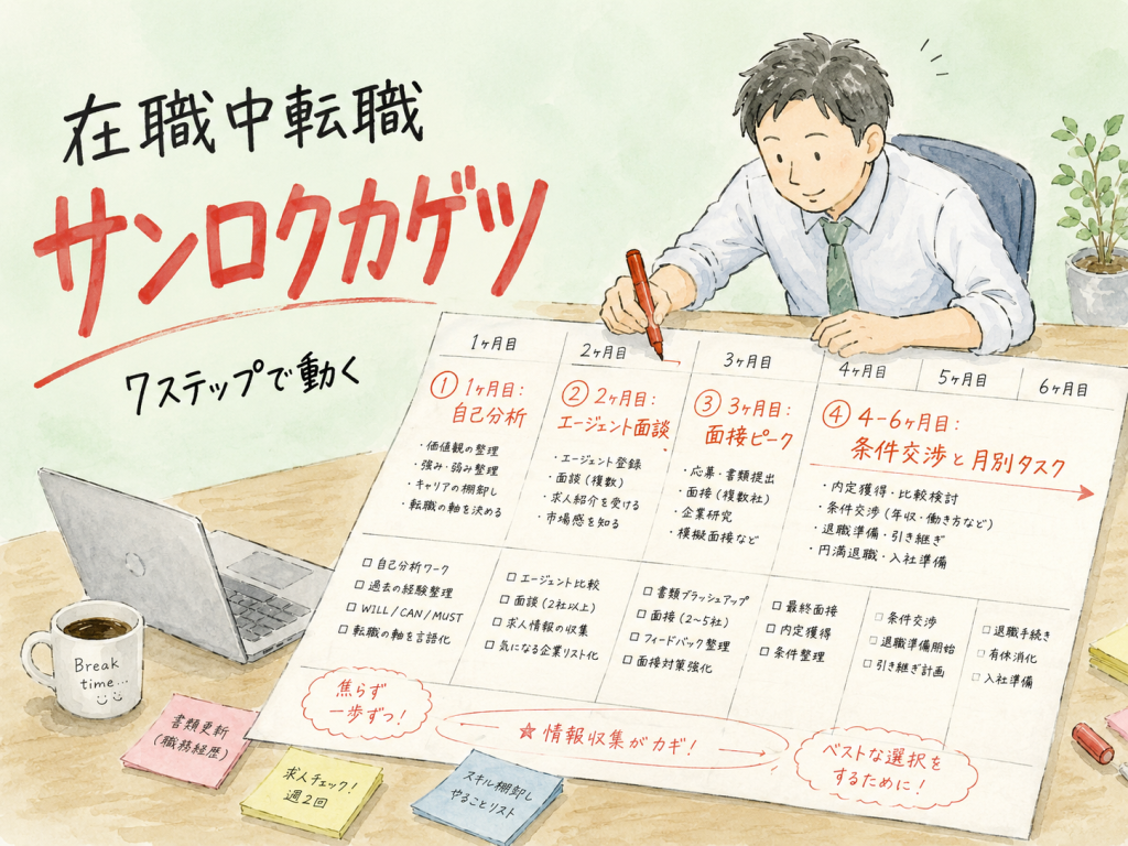 在職中転職のスケジュール｜3〜6ヶ月で内定獲得する7ステップ のアイキャッチ