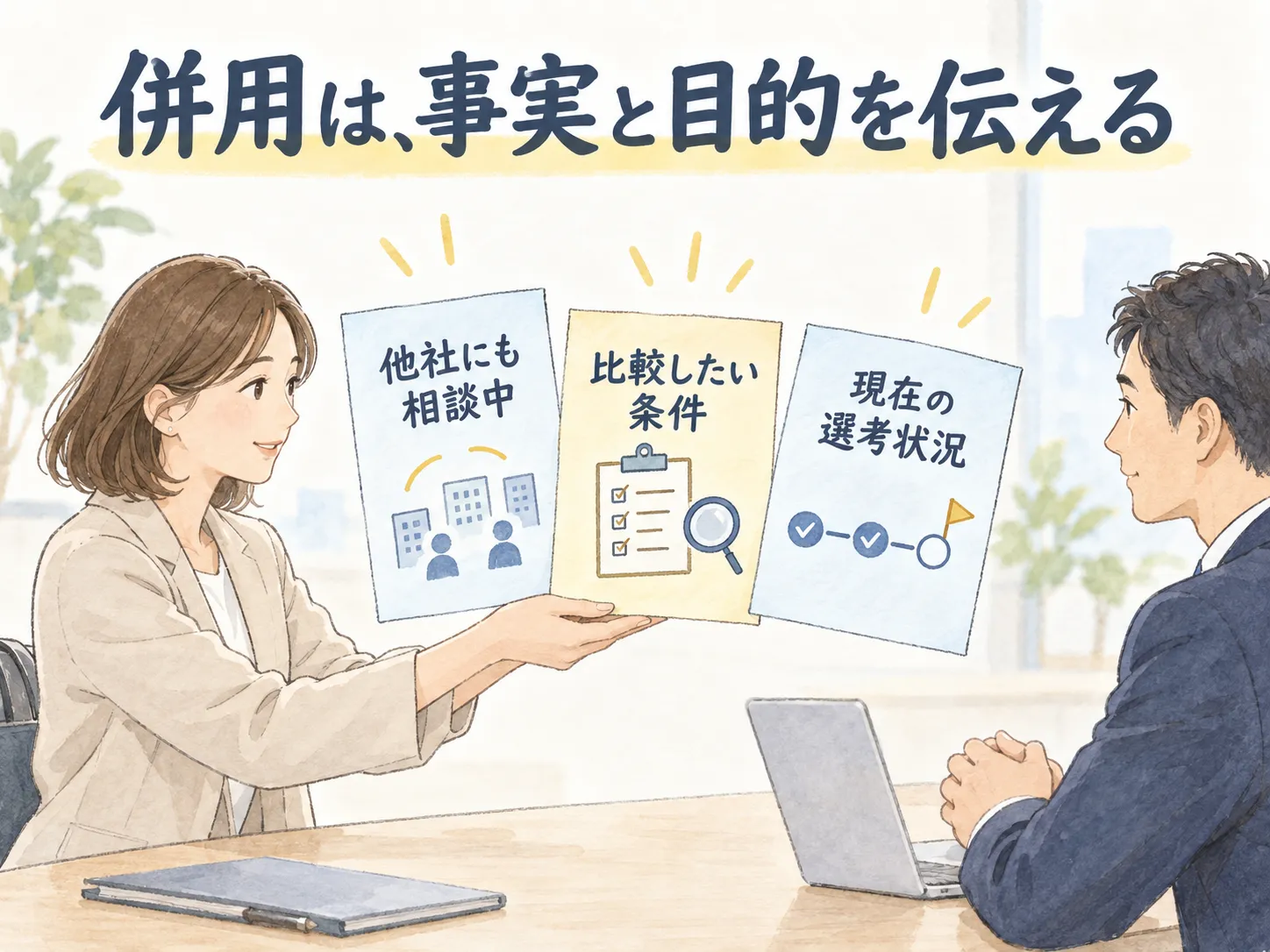 併用は、事実と目的を伝える：他社にも相談中、比較したい条件、現在の選考状況