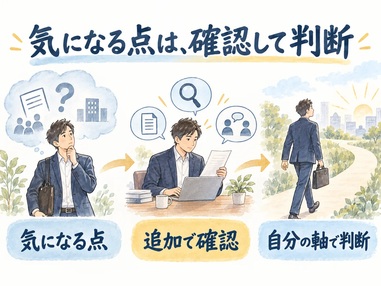 気になる点は、確認して判断：気になる点、追加で確認、自分の軸で判断