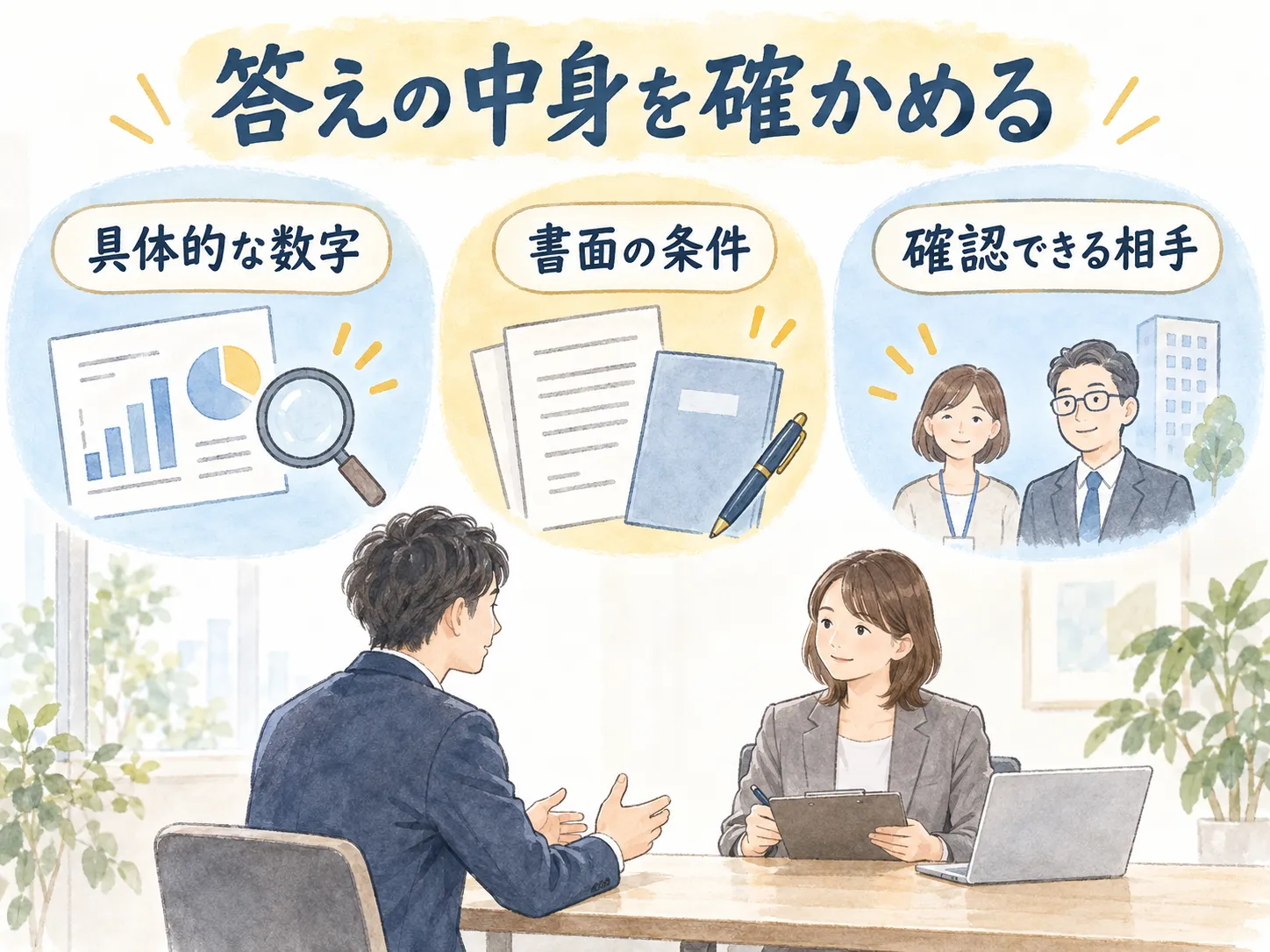 答えの中身を確かめる：具体的な数字、書面の条件、確認できる相手