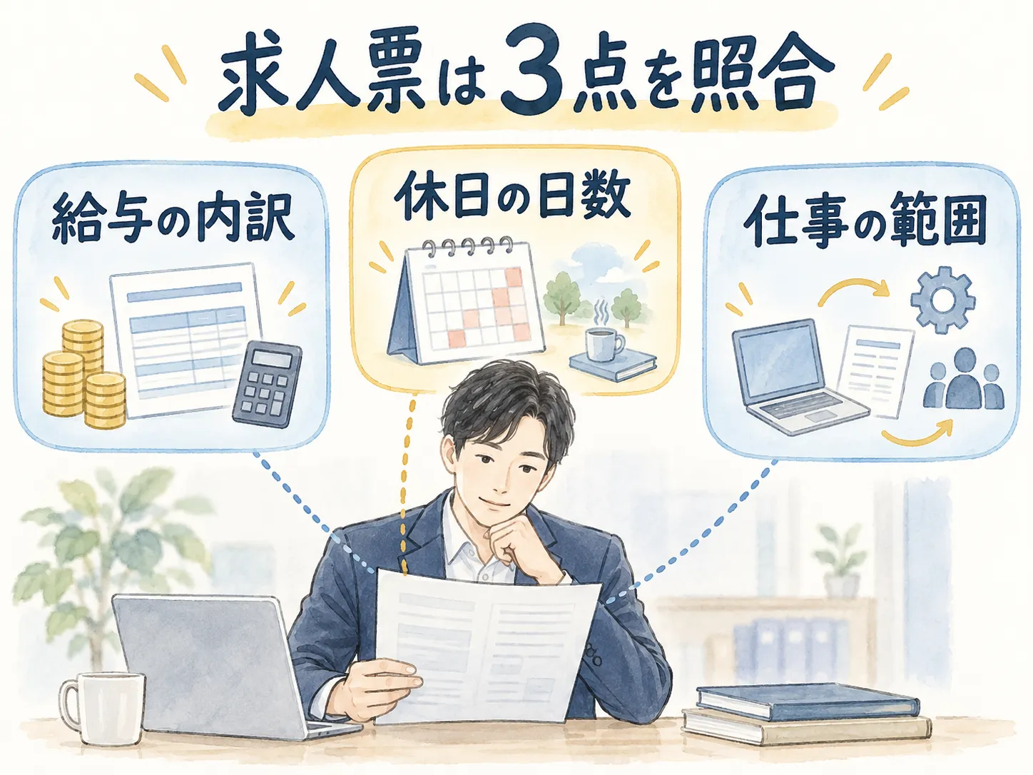 求人票は３点を照合：給与の内訳、休日の日数、仕事の範囲