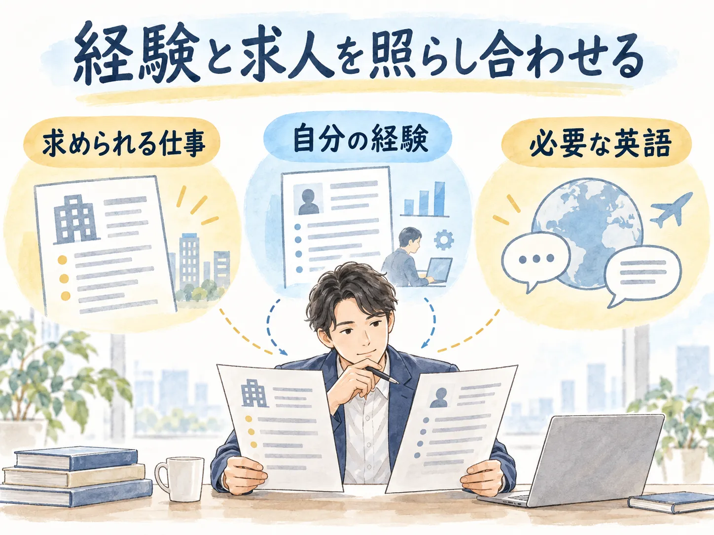 経験と求人を照らし合わせる：求められる仕事、自分の経験、必要な英語