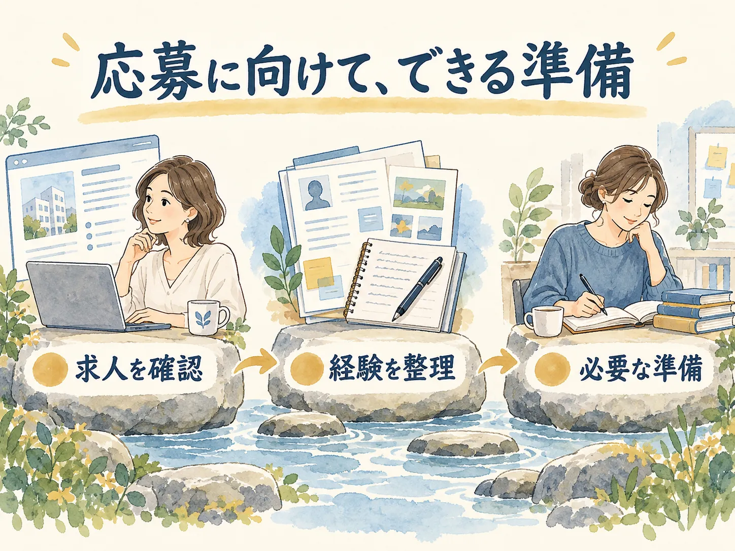 応募に向けて、できる準備：求人を確認、経験を整理、必要な準備