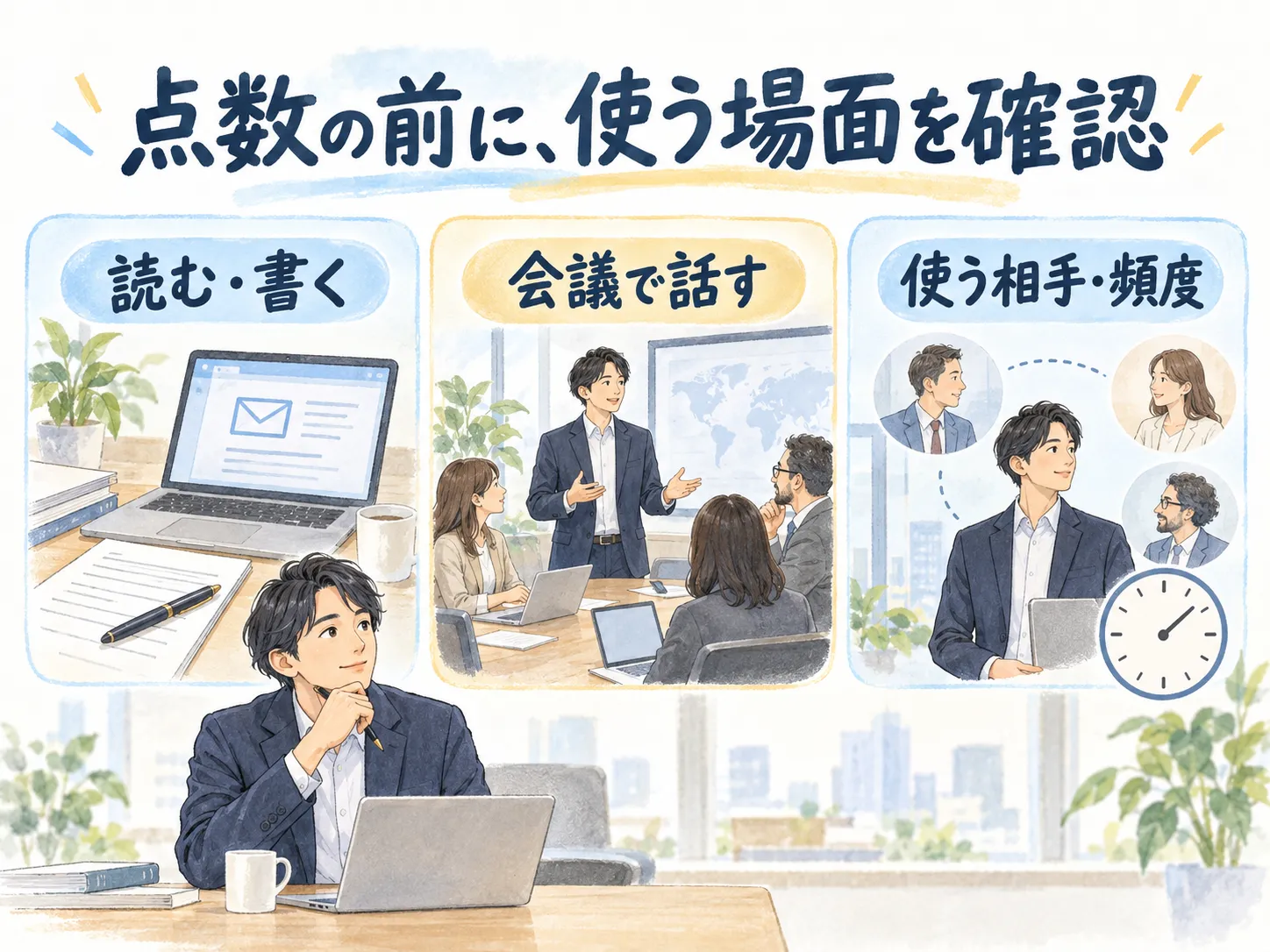 点数の前に、使う場面を確認：読む・書く、会議で話す、使う相手・頻度