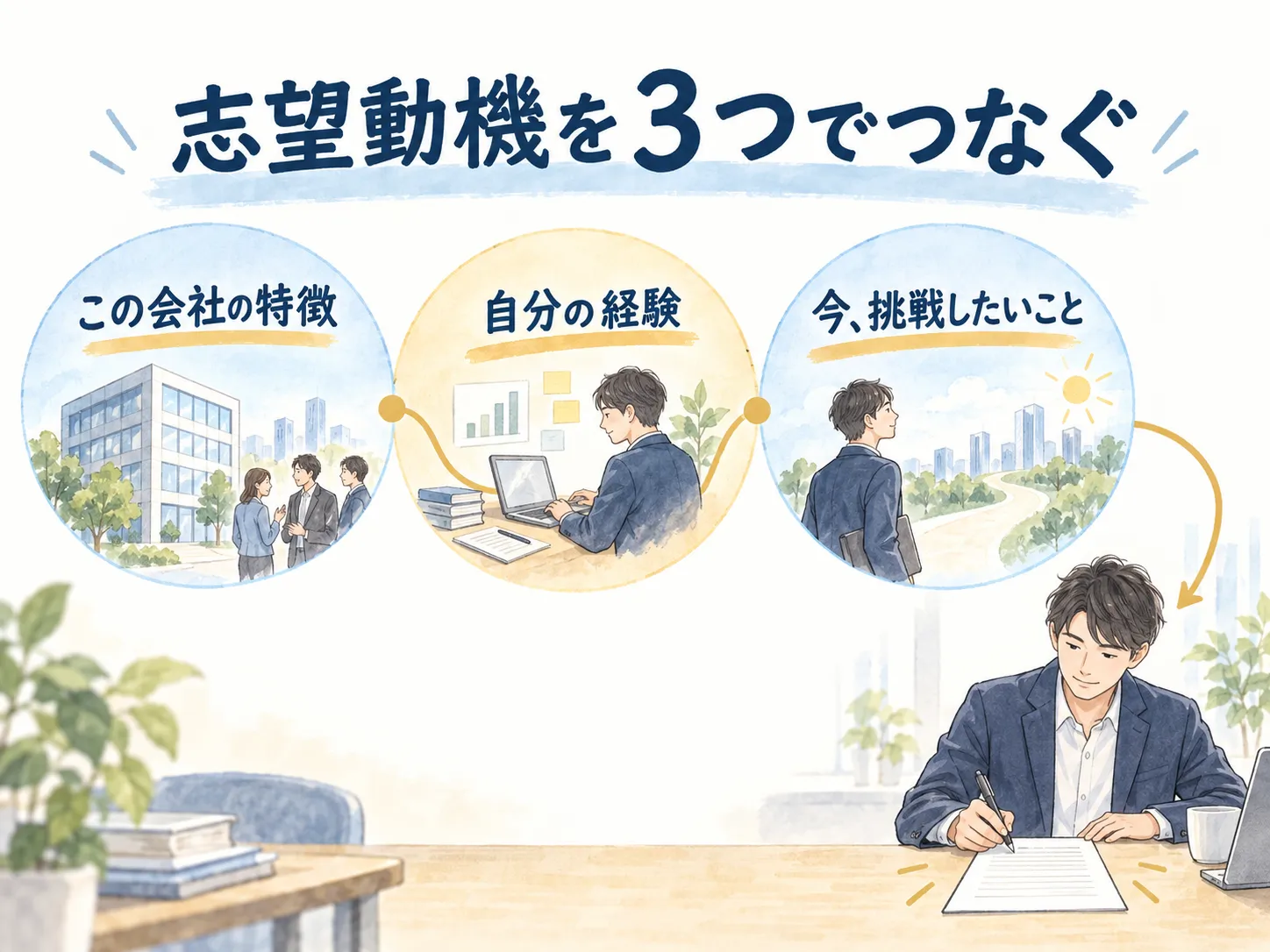 志望動機を３つでつなぐ：この会社の特徴、自分の経験、今、挑戦したいこと