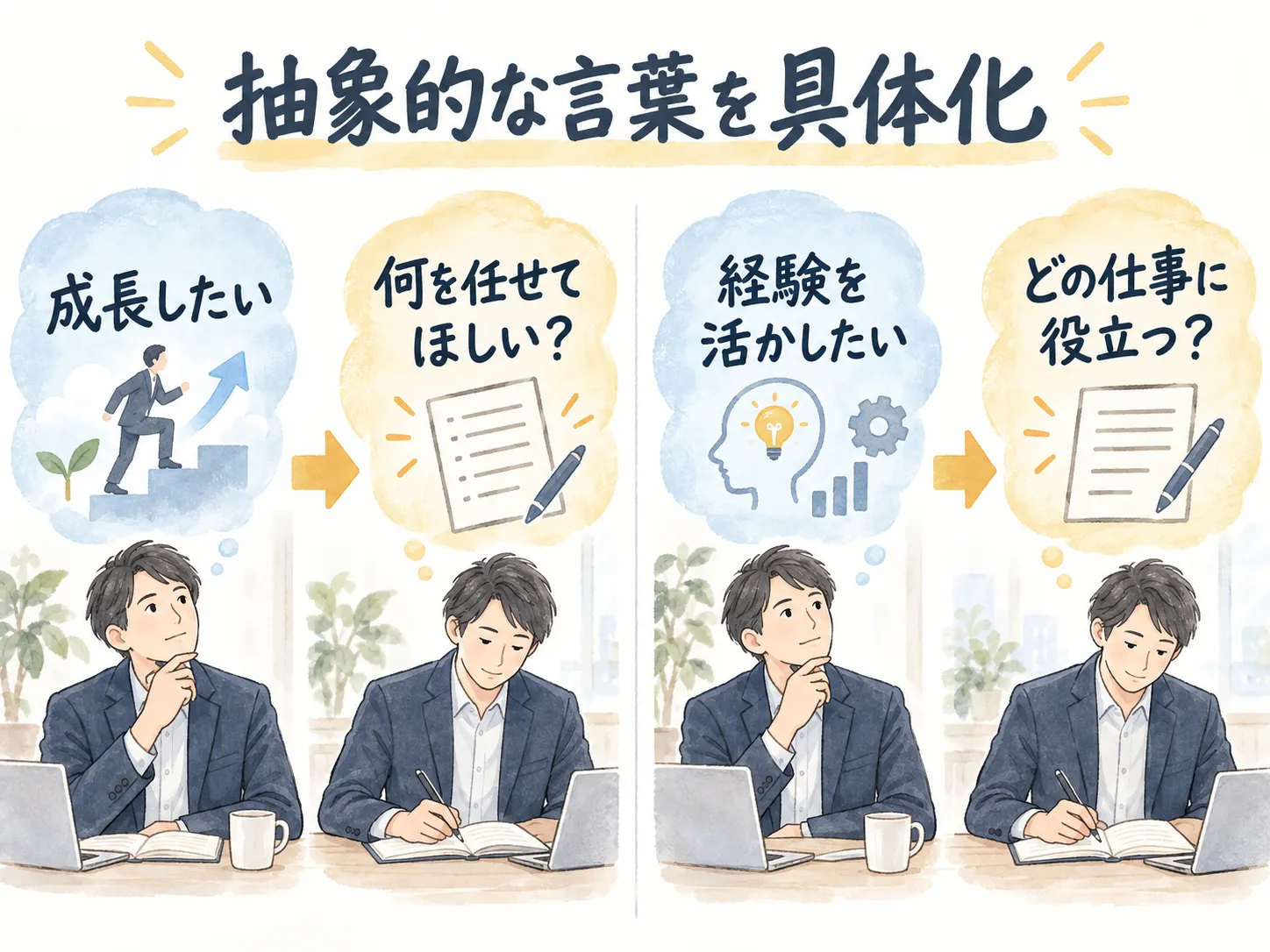 抽象的な言葉を具体化：成長したい、何を任せてほしい？、経験を活かしたい、どの仕事に役立つ？