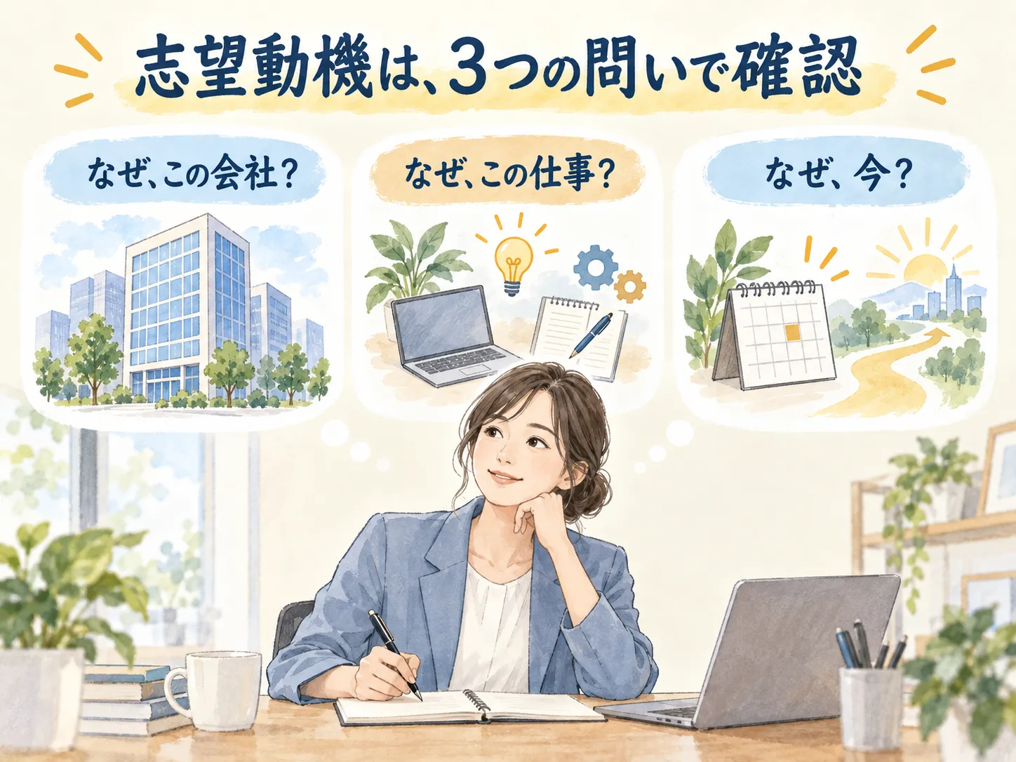 志望動機は、３つの問いで確認：なぜ、この会社？、なぜ、この仕事？、なぜ、今？