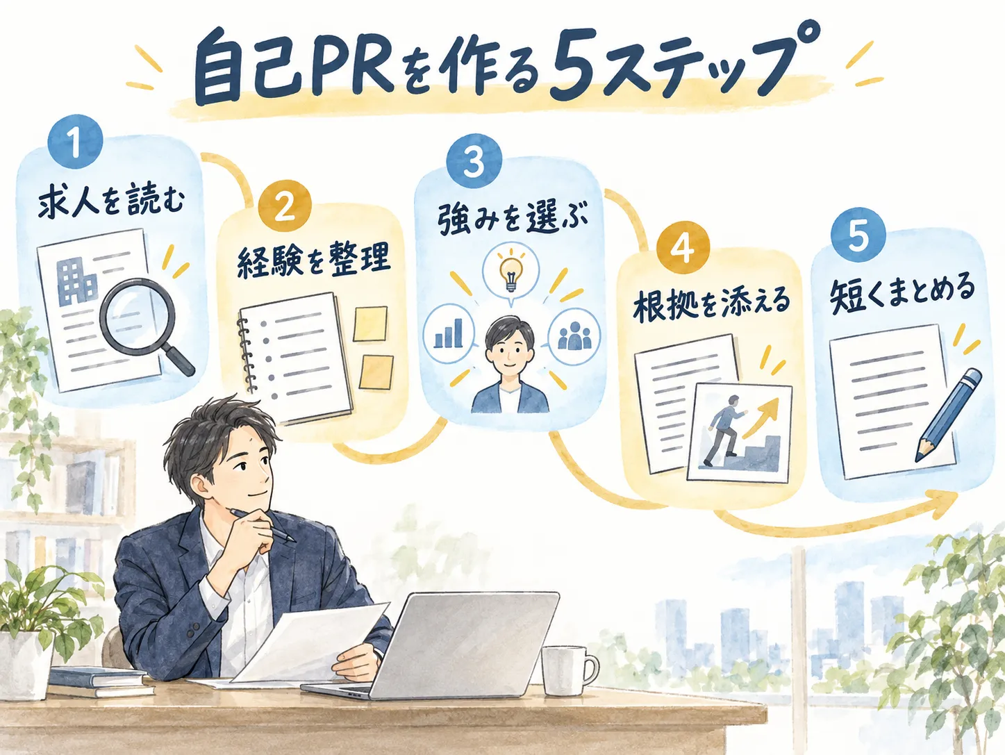 自己PRを作る５ステップ：求人を読む、経験を整理、強みを選ぶ、根拠を添える、短くまとめる