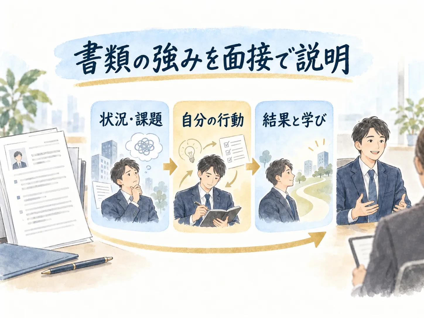 書類の強みを面接で説明：状況・課題、自分の行動、結果と学び