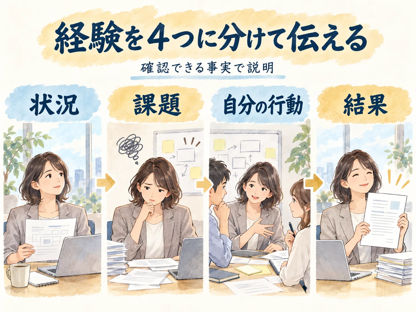 経験を４つに分けて伝える：状況、課題、自分の行動、結果