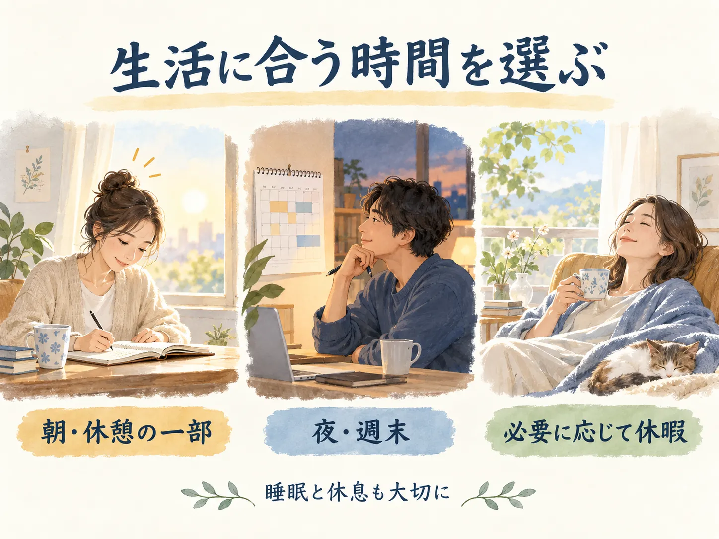 生活に合う時間を選ぶ：朝・休憩の一部、夜・週末、必要に応じて休暇