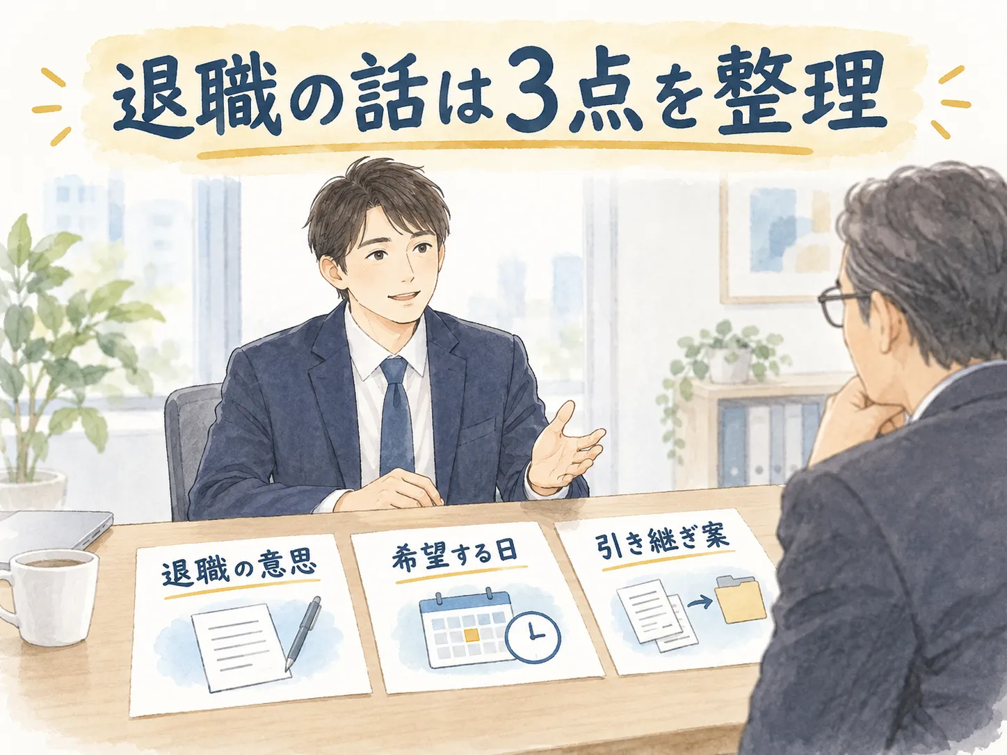 退職の話は３点を整理：退職の意思、希望する日、引き継ぎ案