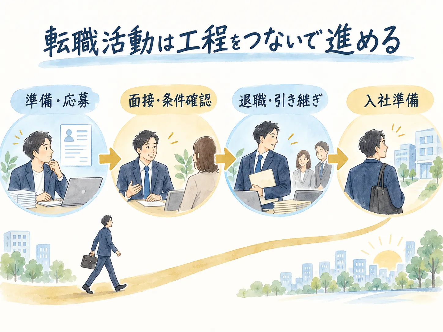 転職活動は工程をつないで進める：準備・応募、面接・条件確認、退職・引き継ぎ、入社準備