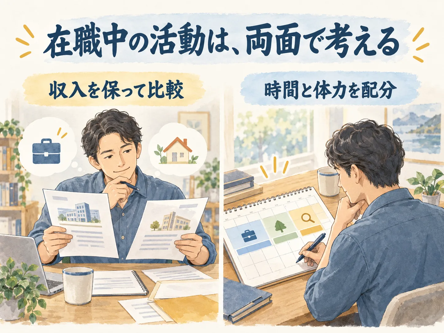 在職中の活動は、両面で考える：収入を保って比較、時間と体力を配分