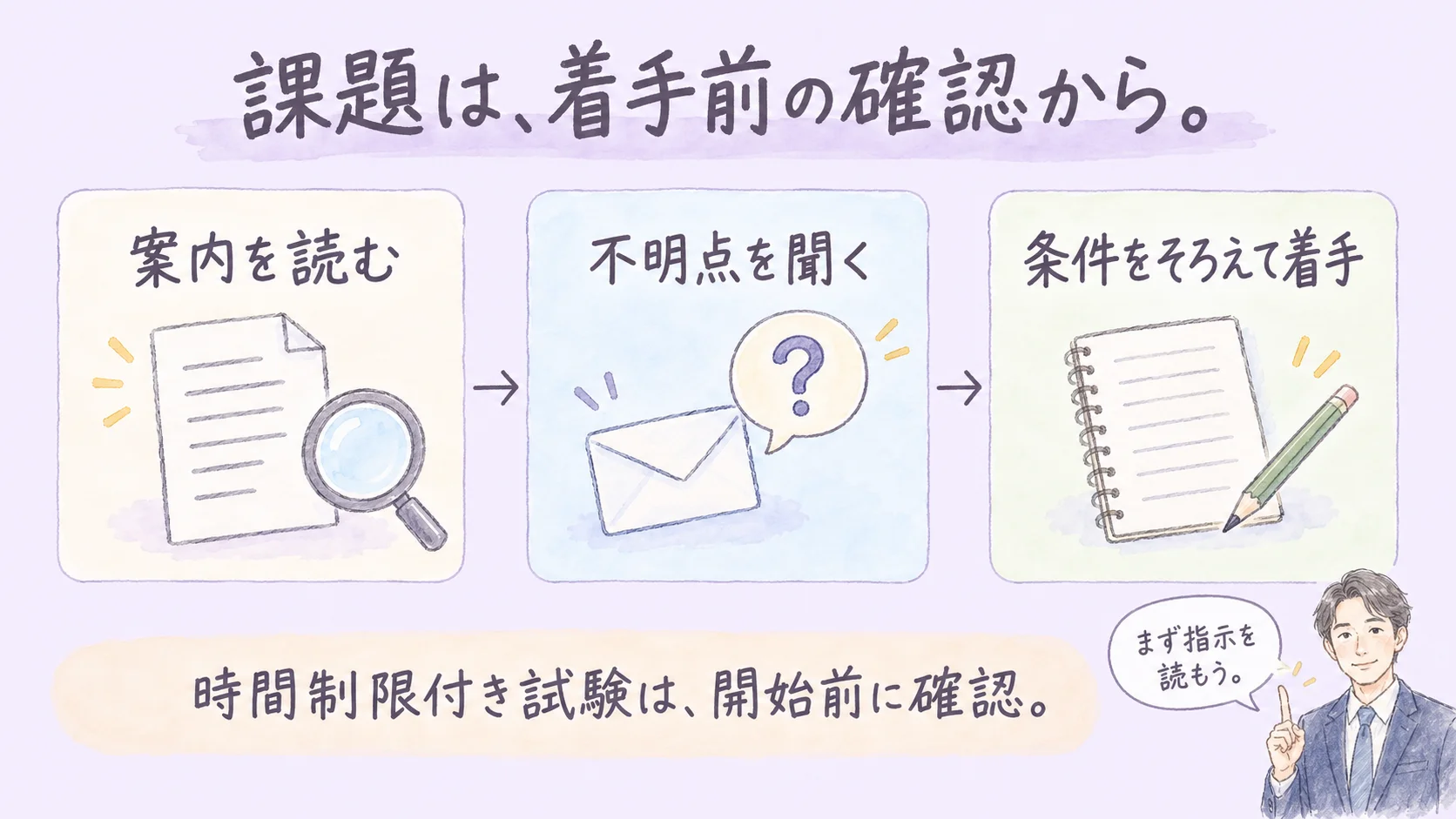 案内を読み、不明点を聞き、条件をそろえて課題に着手する流れ