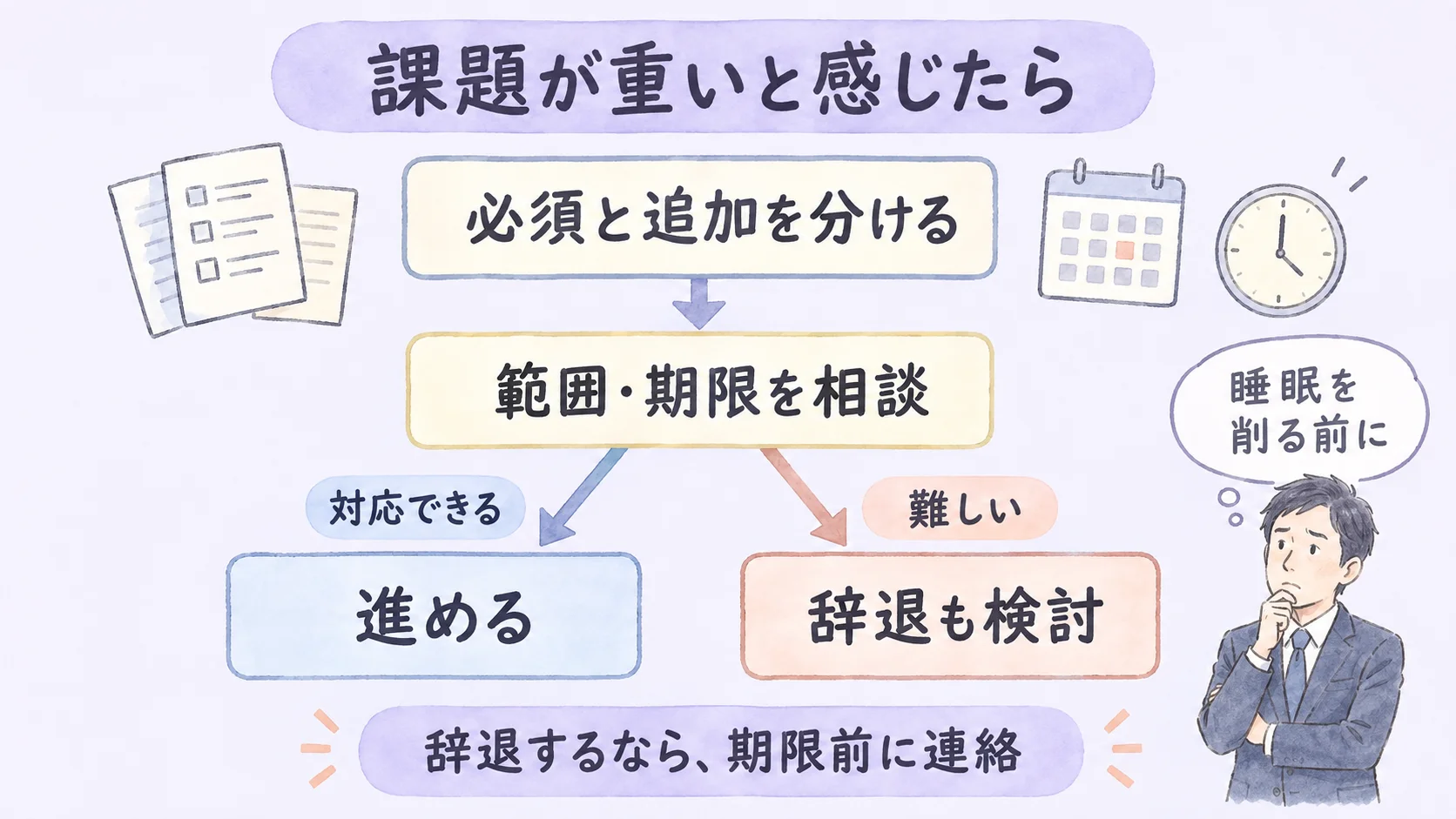 作業の必須と追加を分け、範囲と期限を相談して取り組めるか判断する