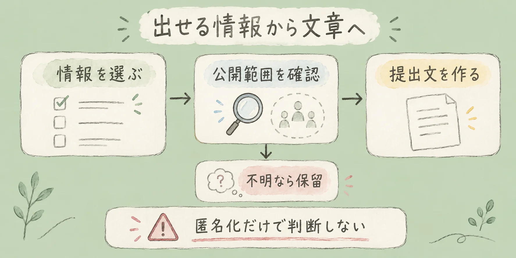 情報を選び、公開範囲を確認してから提出文を作る。不明な情報は保留し、匿名化だけで判断しない。